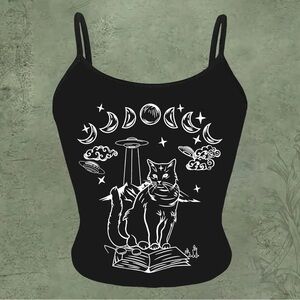 Alien Cat and Moon Black Crop Top